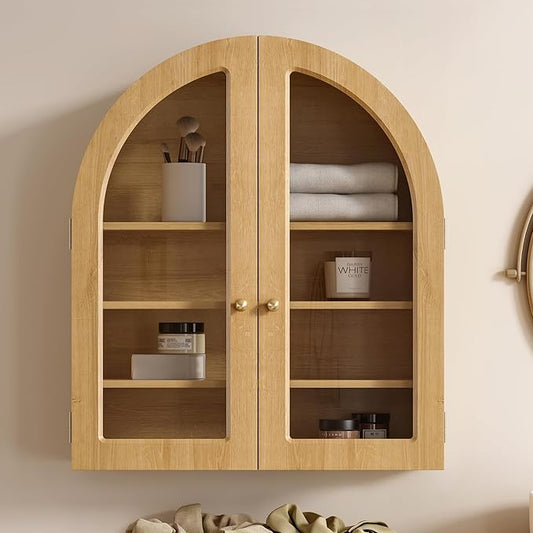 EYYTHUNG Modern Arched Wall Cabinet, Large Bathroom Medicine Wall Mounted Cupboard, Farmhouse Floating Storage Cabinet with Acrylic Door Adjustable Shelf, Wood Organizer (Natural Oak)