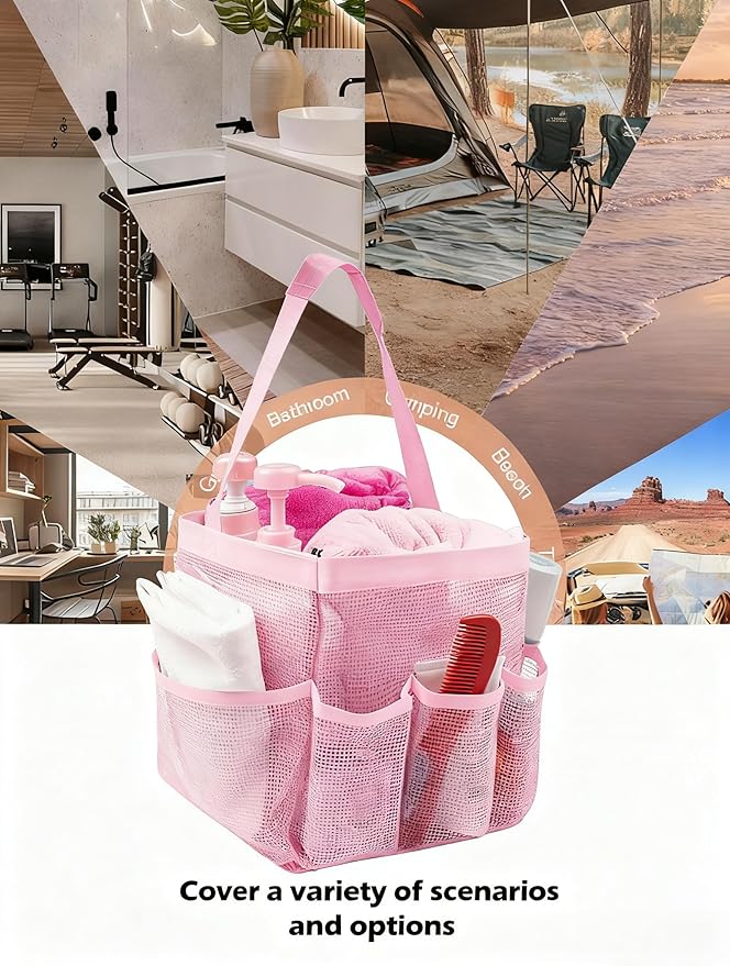 Mesh Shower Caddy Bathroom Portable College Dorm Essentials for Girls Guys Shower Tote Beach Camp Travel Hanging Toiletry Bag Pink