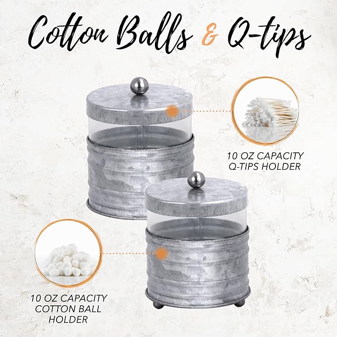 Autumn Alley Adorable 3 Piece Modern Farmhouse Bathroom Accessory Set for Sink/Vanity - Galvanized Soap Dispenser, Cotton Ball Container with Lid, Qtip Organizer – Rustic Farmhouse Bathroom Decor