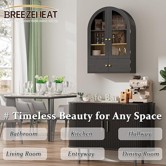 BREEZEHEAT Arched Medicine Cabinet with Extra Storage, Glass Doors & Adjustable Shelf -Wall Mounted Over Toilet Cabinet for Bathroom, Kitchen, Laundry Room, Black Wood Grain, 23.6x33.5 Inch