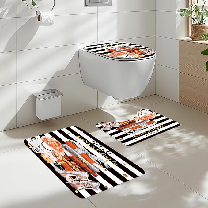 Cinbloo 4Pcs Black and Orange Shower Curtain Set, Burnt Orange Fashion Flower Perfume High Heels Books Bathroom Curtain with Rug, Toilet Lid Cover, Bath Mat, Women Girl Shower Curtain with 12 Hooks