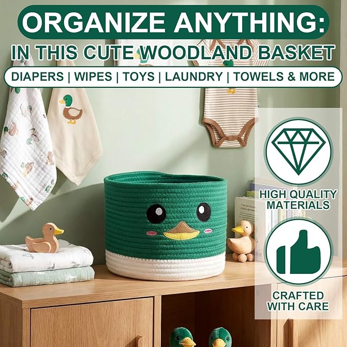 AceOrbit Mallard Ducks Rope Baby Laundry Basket for Boys & Girls, Woodland Nursery Decor, Nursery Storage Basket for Baby Shower Gifts for Essentials Like Diapers Wipes Towels, Machine Wash