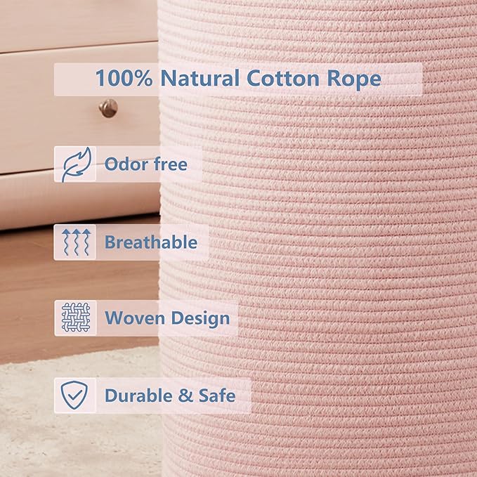 Large Pink Laundry Basket 15x20 Inches, 60L Woven Rope Hamper for Baby Girls and Kids, Nursery Storage Bin for Girls Room, Kawaii Bedroom Laundry Hamper