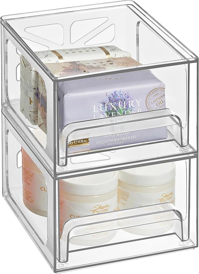 Oizeir Acrylic Drawer Organizer 2-Pack ?€? Clear Stackable Storage Drawers for Makeup, Skincare, Vanity, Bathroom, Under Sink, Kitchen & Office ?€? Non-Slip, Durable, Multi-Purpose Organizer Bins
