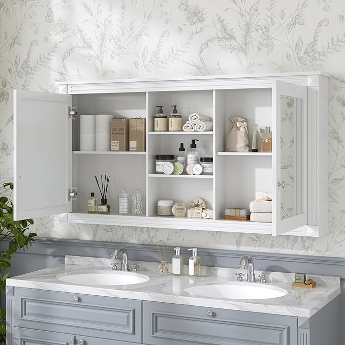 Merax Bathroom Medicine Cabinet with Mirror Door & Adjustable Shelf, 55" x 28" Wall Mounted Bathroom Storage Cabinet with Mirror, Over The Toilet