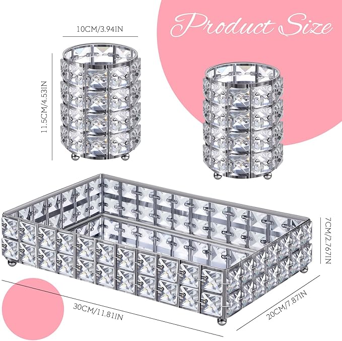 3 Pieces Crystal Makeup Brush Holder Organizer Vanity Makeup Tray Set, 2 Pcs Crystal Bling Cosmetics Brushes Cup 1 Storage Jewelry Trinket Tray Bathroom Sink Vanity Trays, 11.81 x 7.87 x 2.76 Inch