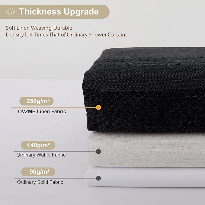 OVZME Black Shower Curtain 78 Inch Long, Boho Farmhouse Thick Linen Textured Fabric Shower Curtain with Tassel, Minimalist Striped Weighted Machine Washable Bathroom Decor, 72Wx78L Inches