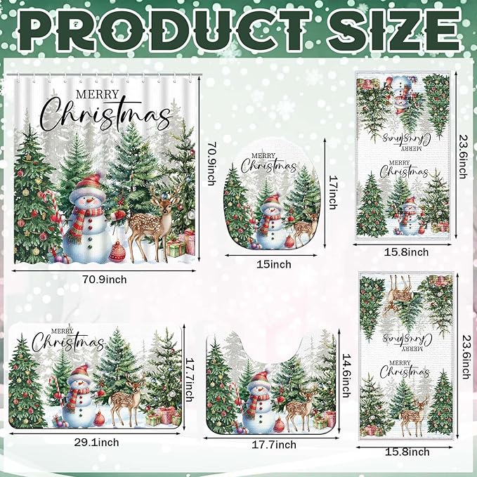 Nuanchu 6 Pcs Christmas Shower Curtain Set with Rug Bathroom Sets with Shower Curtain Bath Mat U Shaped Mat Toilet Lid Cover 2 Bath Towels and 12 Hooks White Christmas Snowman Bathroom Decor