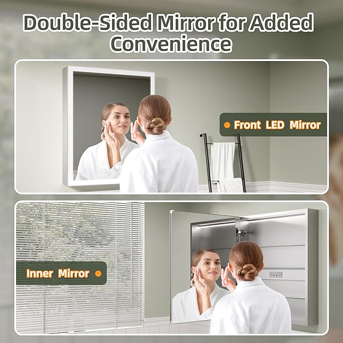 LED Medicine Cabinet Mirror with Lights, 24x30 Inch Bathroom Storage, Recessed/Wall Mount, Plug-in/Hardwired, 3 Color Dimmable Light, Anti-Fog, Time Temp Display, Right Hinge