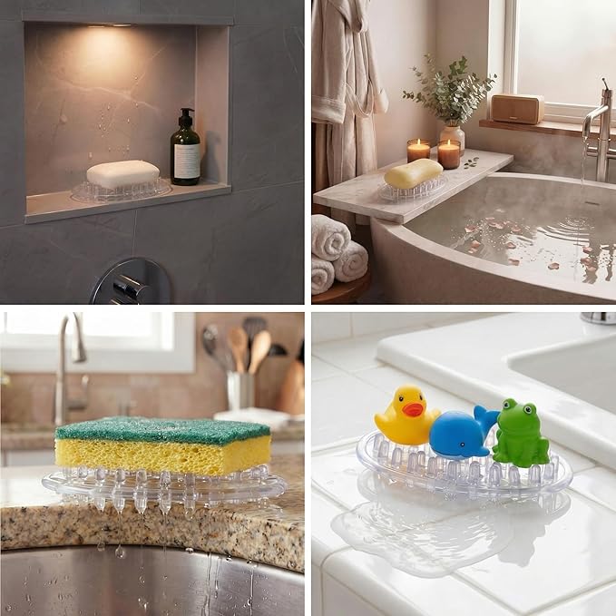 6 Pcs Plastic Soap Holder Soap Dish Bar Saver Tray with Holes Sponge Holder for Kitchen Bathroom Shower Counter, 4.5 x 3 x 0.7 Inches (Clear)
