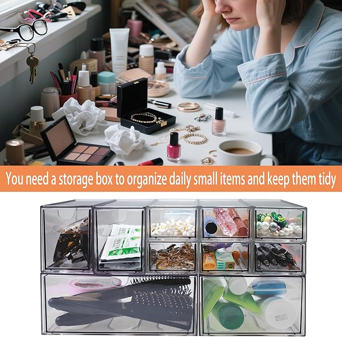 10 Pack Acrylic Storage Drawers Plastic Drawers Storage Clear Stackable Display Bins for Fridge Organizers Small Plastic Drawer for Makeup Organizers Cosmetic Display Case
