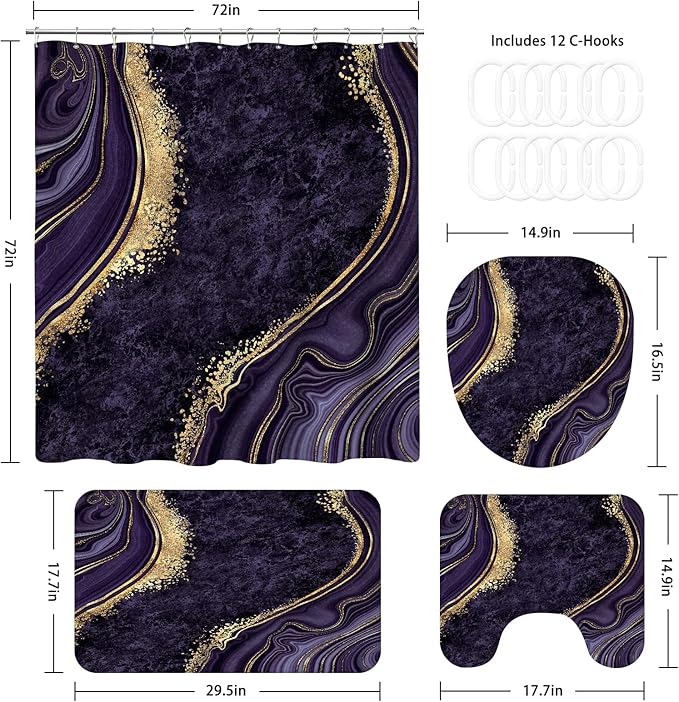 4PCS Purple Gold Marble Shower Curtain Sets with Rugs, Abstract Bathroom Sets with Shower Curtain and Rugs, Modern Bathroom Curtains Shower Set with Accessories for Bathroom Decor