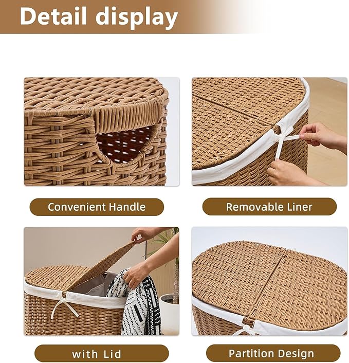 Oval Laundry Hamper with Lid and 2 Removable Bags, Handwoven Natural Water Hyacinth Laundry Basket for Bathroom or Bedroom, 70L, Rattan