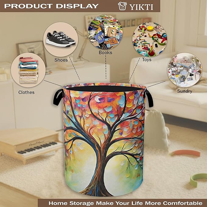 Tree of Life Laundry Basket,Colorful Leaves Clothes Hamper,Oxford Cloth Collapsible Nursery Hamper Storage Organization for Bedroom,Bathroom,Office,College Dorms,16x20 Inch