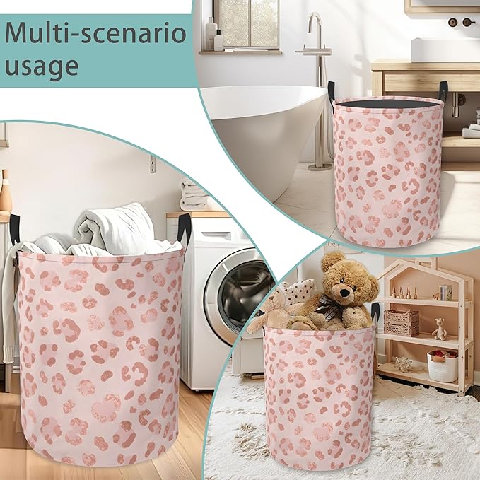 Pink Leopard Print Round Laundry Basket Collapsible Laundry Hamper with Handles Toys Clothes Organizer Bin For Home Bathroom Bedroom Dorm Nursery