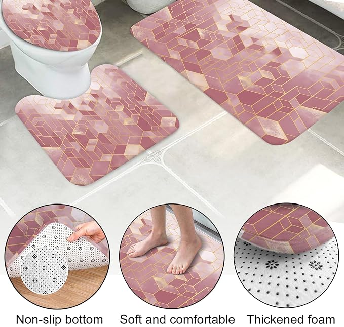 Lnond 4Pcs Bathroom Sets with Shower Curtain and Rugs, Pink Bathroom Shower Curtain Sets, Pink Gradient Modern Bathroom Decor Sets with Rugs and Accessories