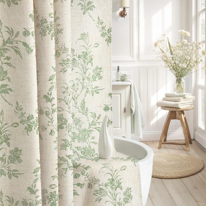 Sage Green Floral Shower Curtain,Vintage Linen Beige Cottagecore Shower Curtains for Bathroom, 72" W x 72" L