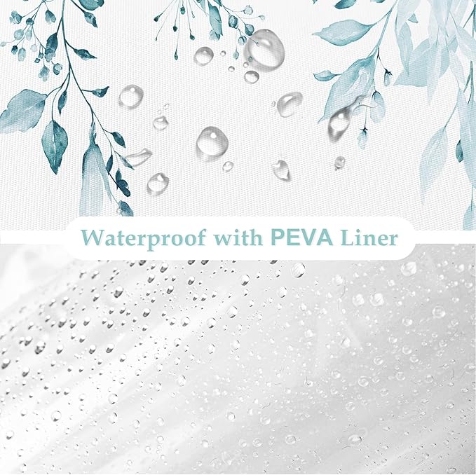 Gibelle 3 in 1 Shower Curtain Set, 72x72 SpaBlue Eucalyptus Bath Curtain and PEVA Liner Set with 12 Metal Hooks, Waterproof Fabric Bathroom Curtain