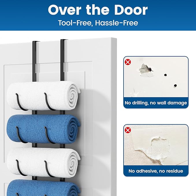 Over The Door Rolled Towel Rack for Bathroom: 4-Tier Hanging Towel Storage Holder, with Nosie-Free & Anti-Scratch Sponge-pad and Suction Cup, Hanging Organizer for Towels, Blankets, Large Bath
