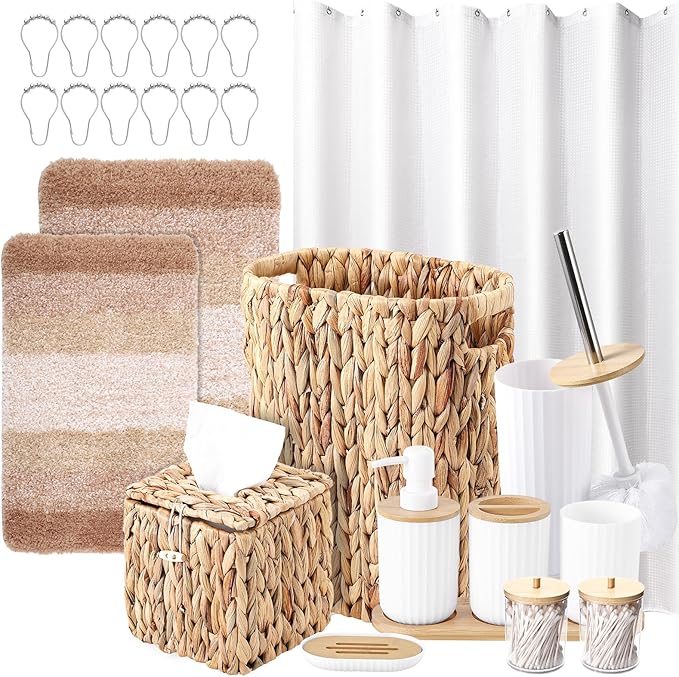 Bathroom Accessories Set, 25PCS Wicker Bathroom Accessory Set with Shower Curtain, Bath Mat, Soap Dispenser, Handwoven Trash Can & Ratten Tissue Box (White, Bath Set+Shower Curtain+Rugs)