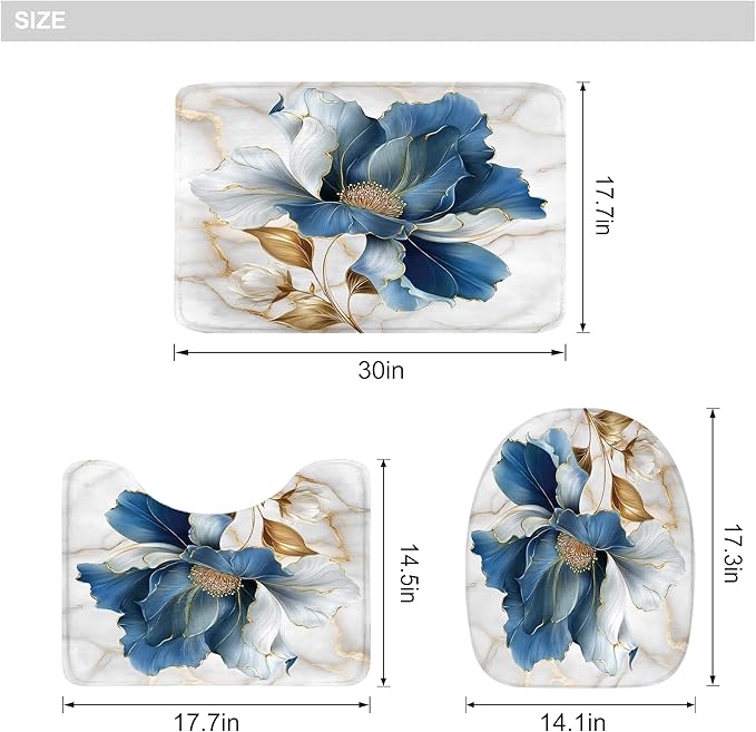Riyidecor Blue Gold Floral 4Pcs Bathroom Shower Curtain Sets Abstract Minimalist Aesthetic Bathroom Decor Set with Rugs and Accessories Modern Toilet Lid Rug, Contour and Bath Mat with 12 Hooks