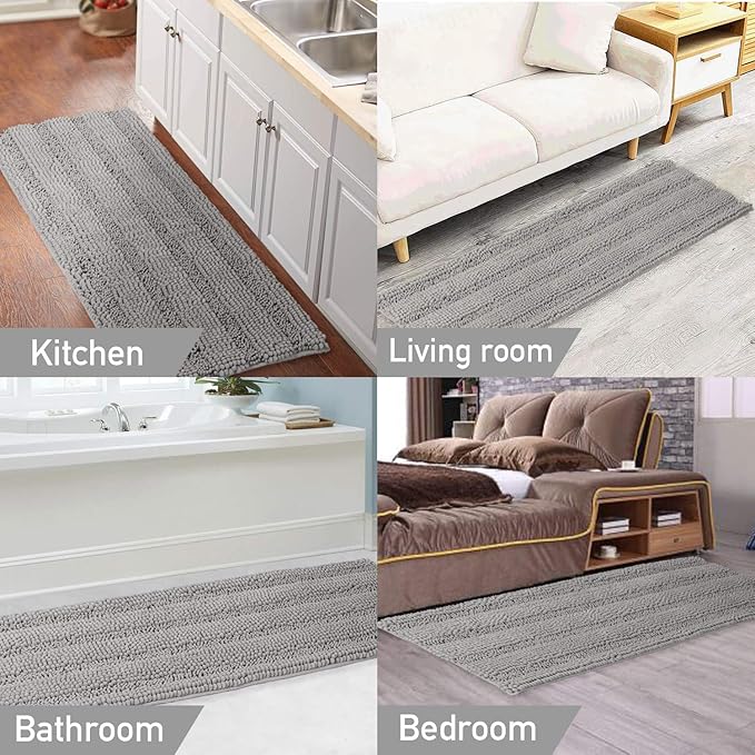 Turquoize Chenille Bathroom Rugs Set - Non-Slip Bath Mats for Bathroom & Kitchen/Entryway (20" x 32" and 17" x 24"), Extra Soft and Absorbent Shaggy Mats, Dove Gray