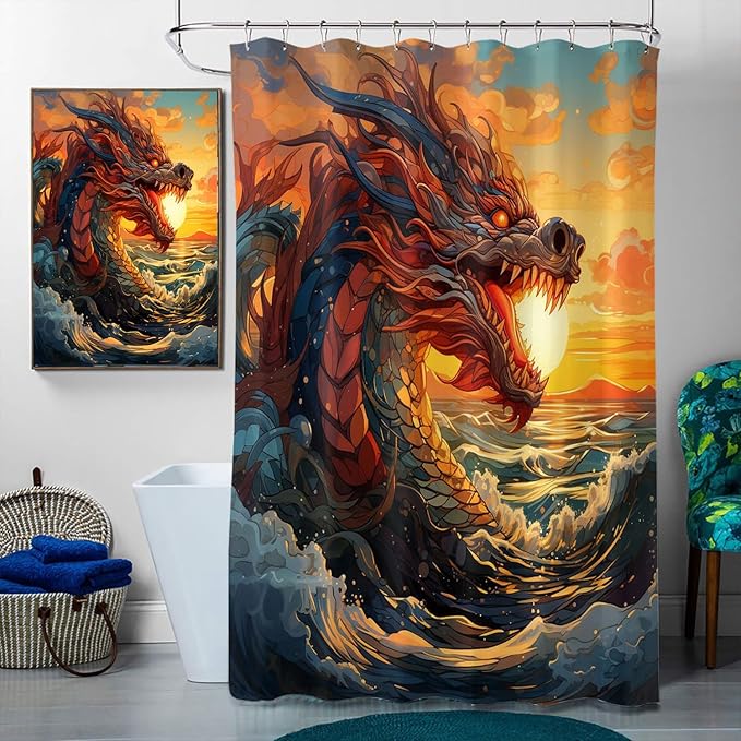 4 Pcs Dragon Shower Curtain Set with Non-Slip Rugs, Toilet Lid Cover and Bath Mat, Japanese Dragon Sea Wave Fantasy Animal Bathroom Shower Curtain with 12 Hooks Accessories Decorative
