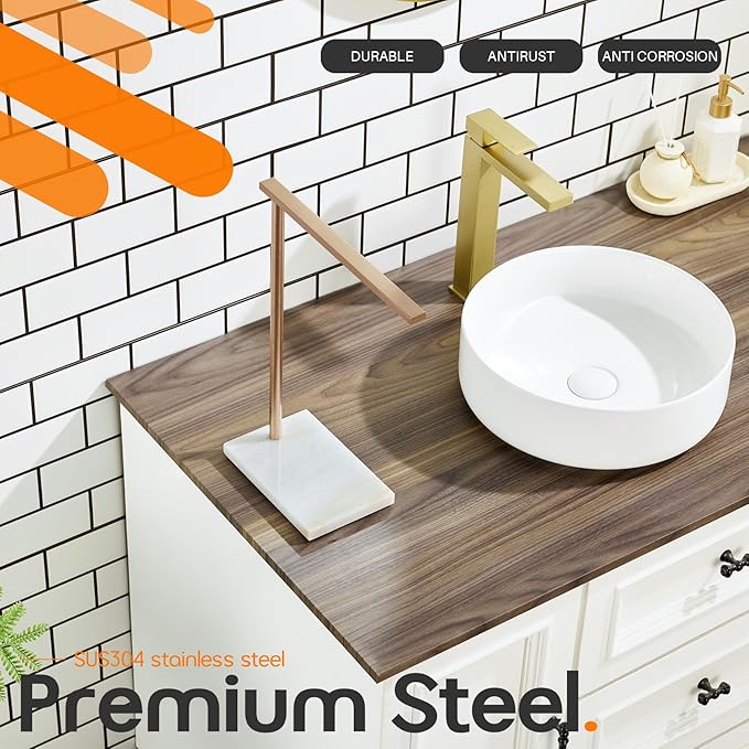 Hand Towel Bar for Bathroom Vanity Countertop 1-Tier Towel Holder Free Stand with Heavy Marble Base Thicken Steady, Champagne Bronze Stainless Steel AN7002CPG