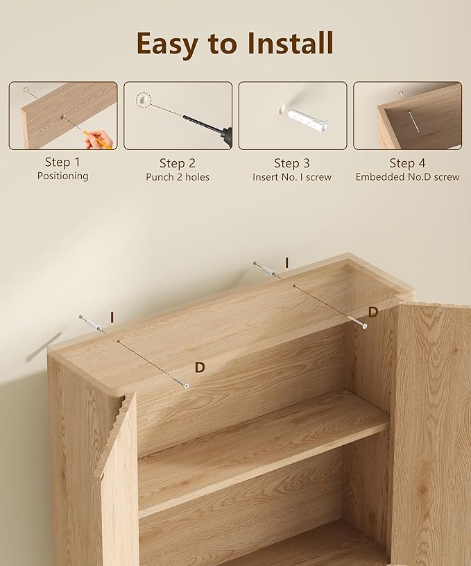 Keehusux 27.6" H Bathroom Wall Storage Cabinet with 2 Fluted Doors, Modern Wall Mounted Bathroom Cabinet with Adjustable Shelf, Curved Profile Medicine Cabinet for Kitchen, Living Room, Natural Oak