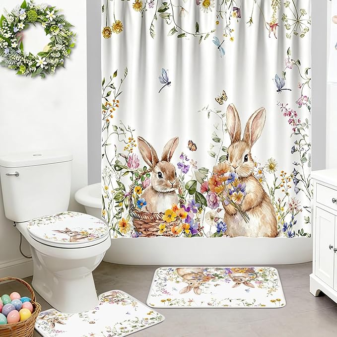 Easter Shower Curtain Set for Bathroom, Easter Rabbits Shape Red Bathroom Supplies for Spring Accessories Decor Set, Non Slip Rugs Toilet Lid Cover U Shape Bath Mat and 12 Hooks