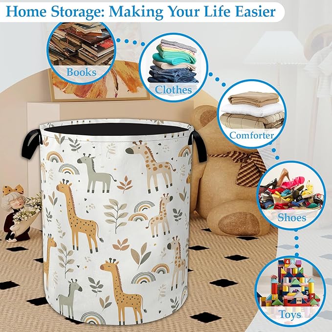 Rainbow Giraffe Laundry Basket Collapsible Laundry Hamper with Handle, Oxford Clothes Toy Storage Bin for Bathroom Bedroom Room Decor, Gift Basket 16" X 20.8"