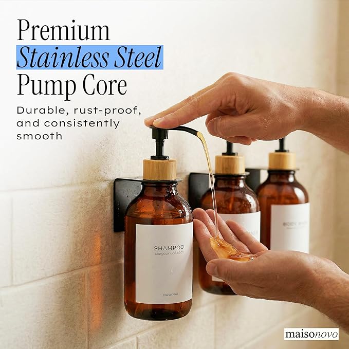 Shampoo and Conditioner Dispenser Wall Mounted Set of 3 Amber Bamboo - No Drill Shower Soap Dispenser for Bathroom Refillable - Spa Hotel Style Accessories by MaisoNovo