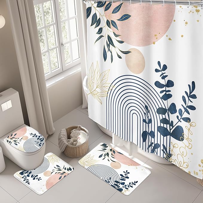 Riyidecor Boho Pink Navy Blue 4Pcs Shower Curtain Set with Toilet Lid Cover and Non-Slip Rugs, Mid Century Modern Minimalist Bathroom Decor Set，Abstract Contour and Bath Mat with 12 Hooks