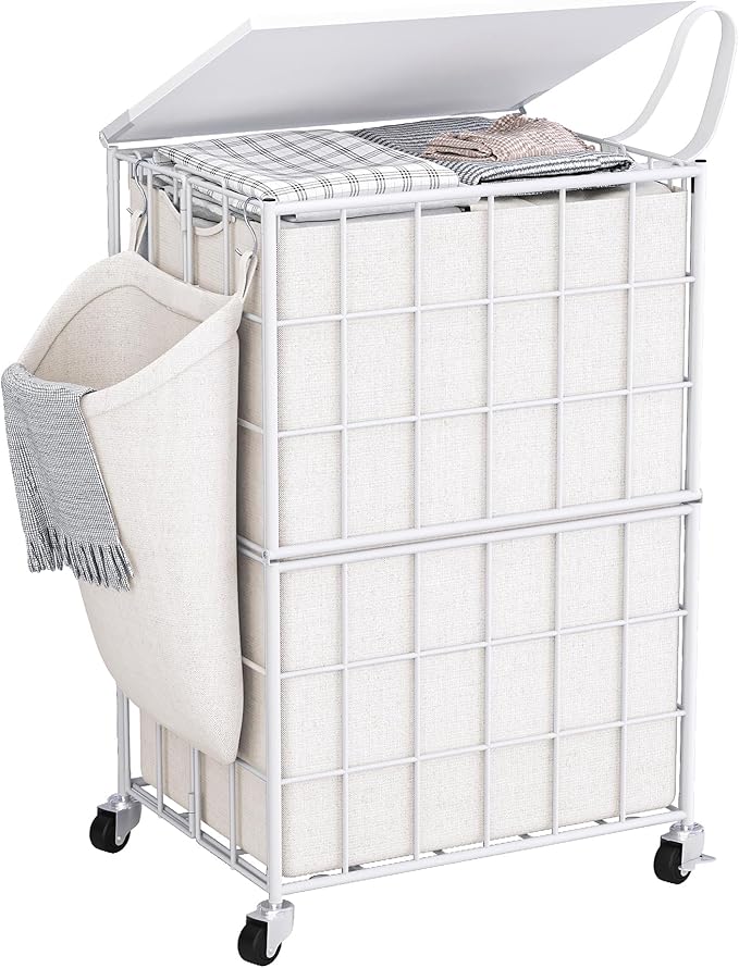 90L Laundry Basket with Wheels, Large Capacity Laundry Hamper with Removable Liner Bags, Heavy Duty Laundry Sorter with Solid Wood Lid & Leather Handles, White