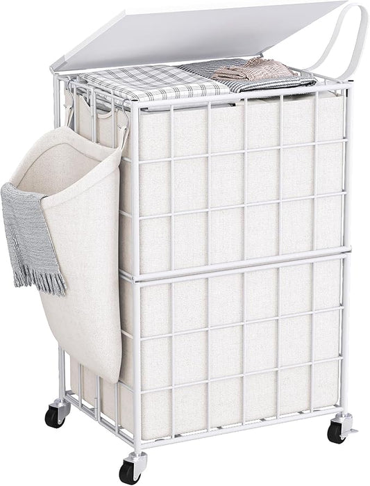 90L Laundry Basket with Wheels, Large Capacity Laundry Hamper with Removable Liner Bags, Heavy Duty Laundry Sorter with Solid Wood Lid & Leather Handles, White