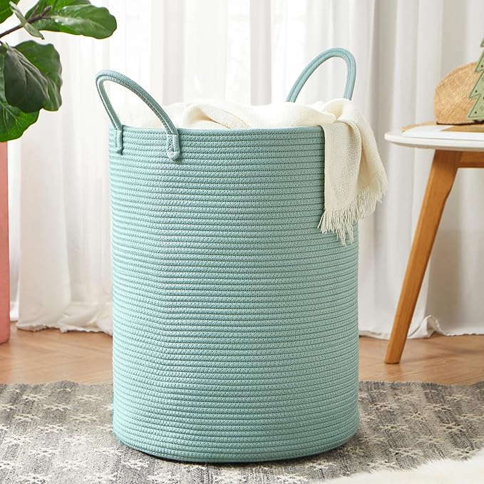 15Dx20H inches Tall Green Hamper Cotton Rope Laundry Basket Woven Hamper for Clothes Blanket Storage in Bedroom Livng Room for Baby Nursery Kids Toys Organize 62L Capacity