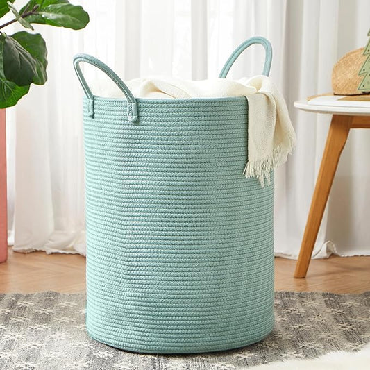 15Dx20H inches Tall Green Hamper Cotton Rope Laundry Basket Woven Hamper for Clothes Blanket Storage in Bedroom Livng Room for Baby Nursery Kids Toys Organize 62L Capacity