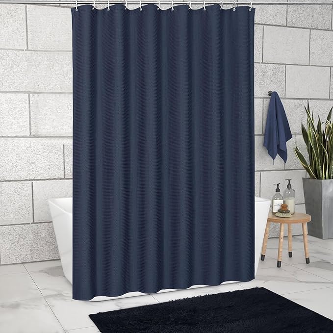 MitoVilla Blue Waffle Shower Curtain 72 x 78, Navy Blue Farmhouse Long Set, Modern Cloth for Bathroom Decor, Luxury Hotel Fabric 78 Inch Long