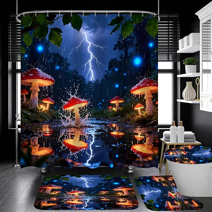 4 Piece Fantasy Red Mushroom Shower Curtain Set with Rugs, Enchanted Forest Rain & Lightning Art, Vibrant Blue Glow & Nature Bathroom Decor, Waterproof Fabric, Non-Slip Bath Mats & Toilet Lid Cover