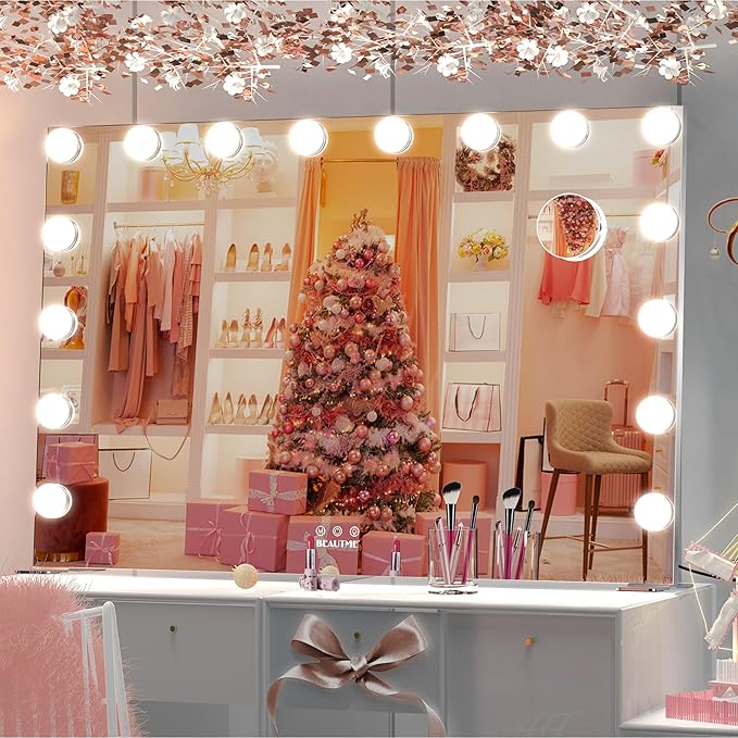 BEAUTME Hollywood Makeup Mirror,Vanity Mirror with Lights, LED Mirrors, Tabletop or Wall-Mounted Mirror with 16 Dimming LED Bulbs, Silver(911×180×616mm)