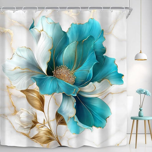 Riyidecor Teal Gold Marble Floral Shower Curtain for Bathroom Decor 72Wx78H Abstract Turquoise Golden Ombre Flower Luxury Modern Simple Art Printed Fabric Polyester Waterproof 12 Pack Plastic Hooks