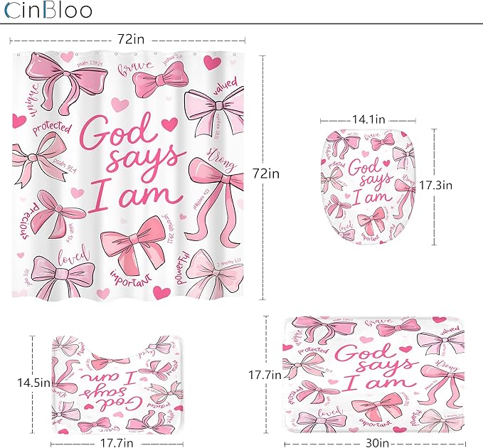 Cinbloo 4Pcs Pink Bow Shower Curtain Set, Retro Cute Coquette Vintage Girly Preppy Fashion Bathroom Curtain with Rug, Toilet Lid Cover, Bath Mat, Inspirational Quotes Shower Curtain with 12 Hooks