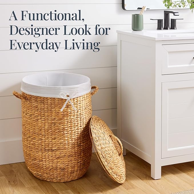 Best Choice Products Round Laundry Hamper w/Lid, Handwoven Laundry Basket, Built-in Handles & Removable Liner for Clothes, Towels, Blanket & Storage Organization - Natural