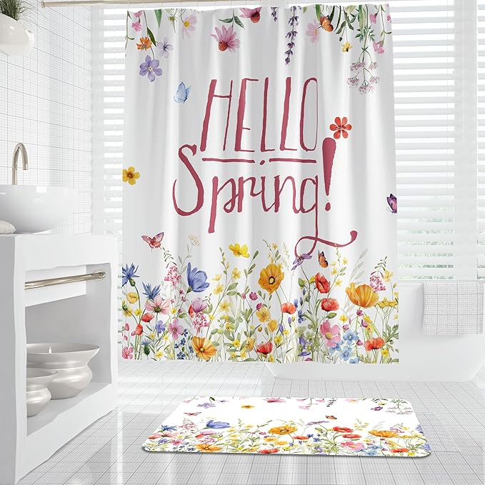 FUTBU Spring Shower Curtain Set for Bathroom, Blooming Flowers Bathroom Supplies for Spring Accessories Decor Set, Non Slip Rugs Toilet Lid Cover U Shape Bath Mat and 12 Hooks