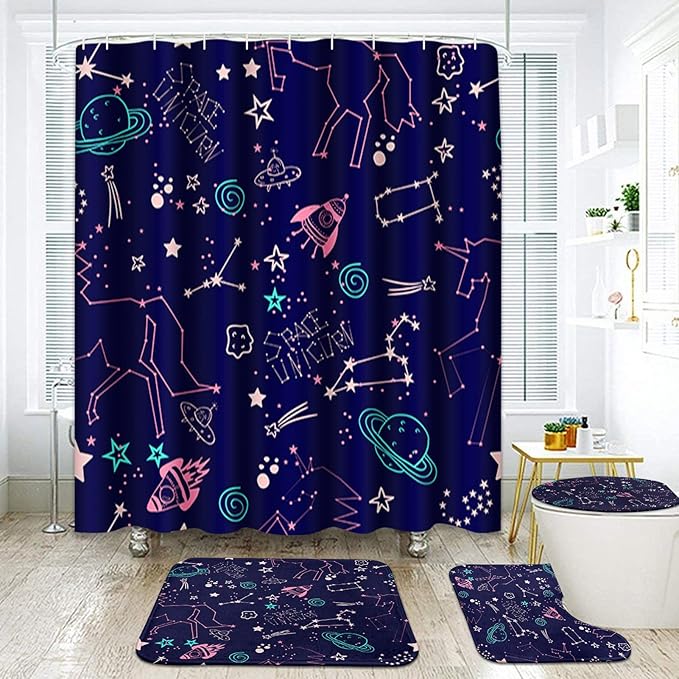 ArtSocket Cute Stars Space Bathroom Set with Shower Curtain and Rugs Accessories, Cute Kids Space Unicorn Galaxy Shower Curtain, Kids Astronaut Bathroom Decor 4 Pcs