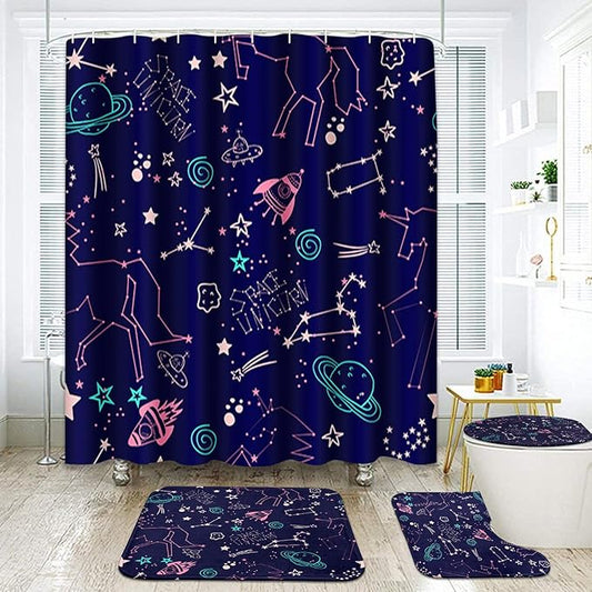 ArtSocket Cute Stars Space Bathroom Set with Shower Curtain and Rugs Accessories, Cute Kids Space Unicorn Galaxy Shower Curtain, Kids Astronaut Bathroom Decor 4 Pcs