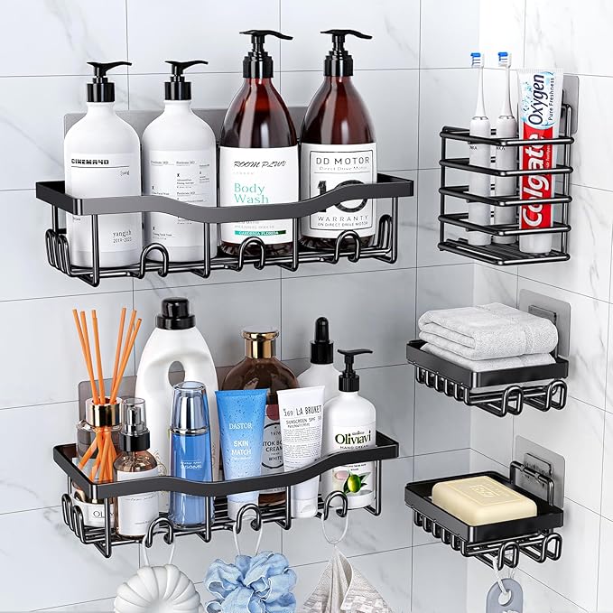 Rustproof Stainless Steel Shower Caddy 5 Pack, Bathroom Storage Accessory Shelf Organiser No Drilling Hanging, Soap Toothbrush Holder Set, Kitchen Wall Mounted Corner Decor, Matte Black
