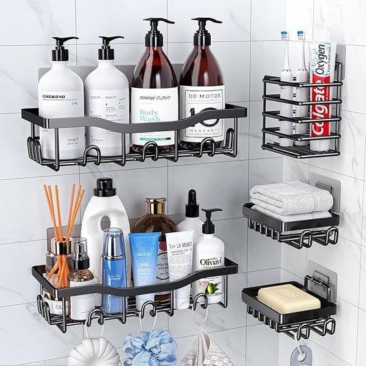 Rustproof Stainless Steel Shower Caddy 5 Pack, Bathroom Storage Accessory Shelf Organiser No Drilling Hanging, Soap Toothbrush Holder Set, Kitchen Wall Mounted Corner Decor, Matte Black