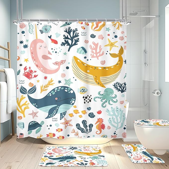 LGhtyro 4PCS Kids Whale 71Wx71H Inches Underwater Fish for Girls Ocean Sealife Shower Curtain Sets with Rugs, Toilet Lid Cover and Bath Mat, Cute Bath Accessories Art Home Decor Fabric 12 Pack Hooks