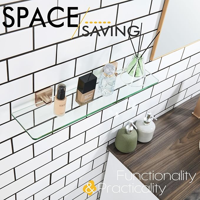 KOKOSIRI Tempered Glass Shelf 20-Inch Floating Wall Shelves for Bathroom Kitchen Shower Storage Decor Rack, Champagne Bronze Stainless Steel B1107CPG-L20